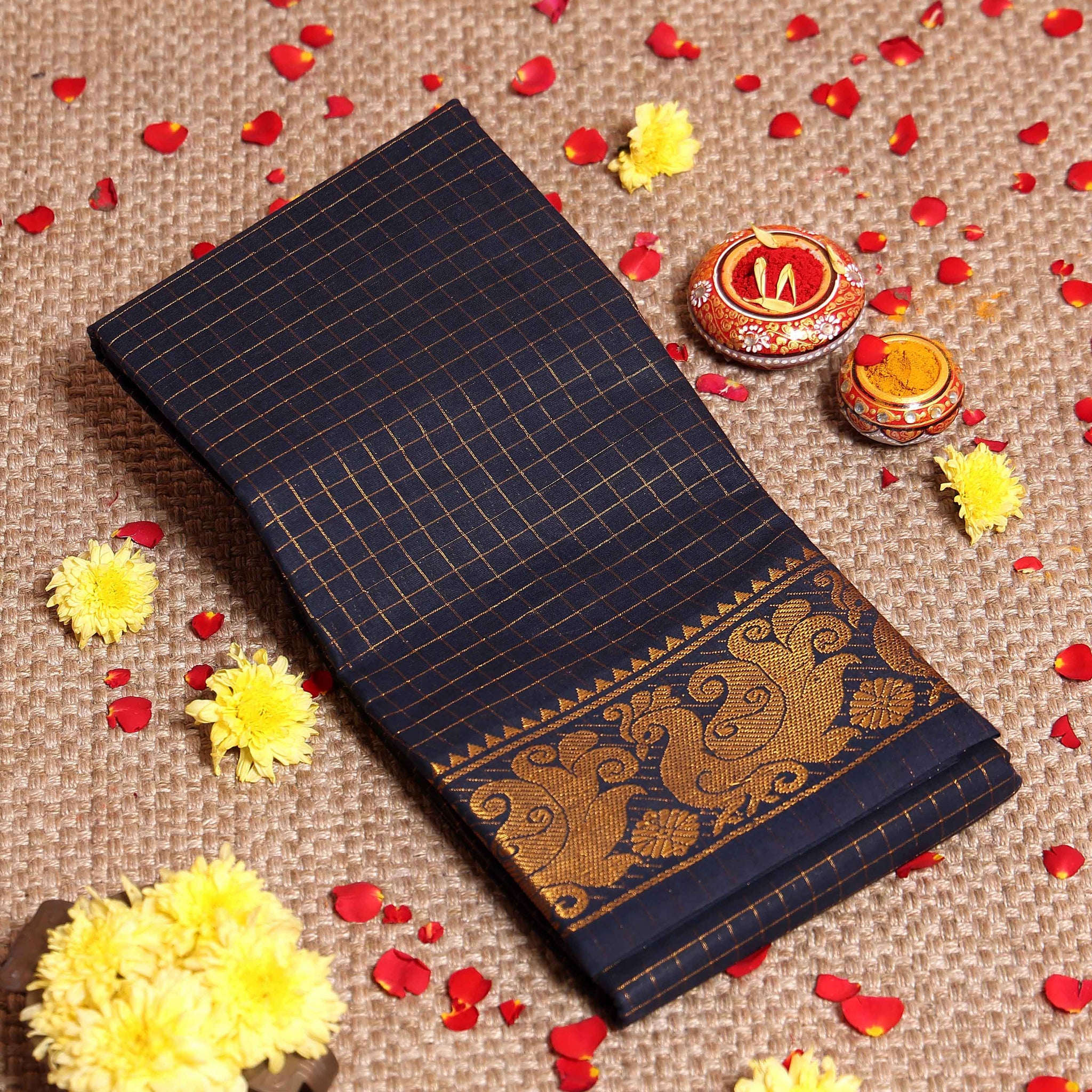 Traditional Sungudi Saree with Intricate Golden Zari Peacock Border and Fine Check Pattern - Navy Blue