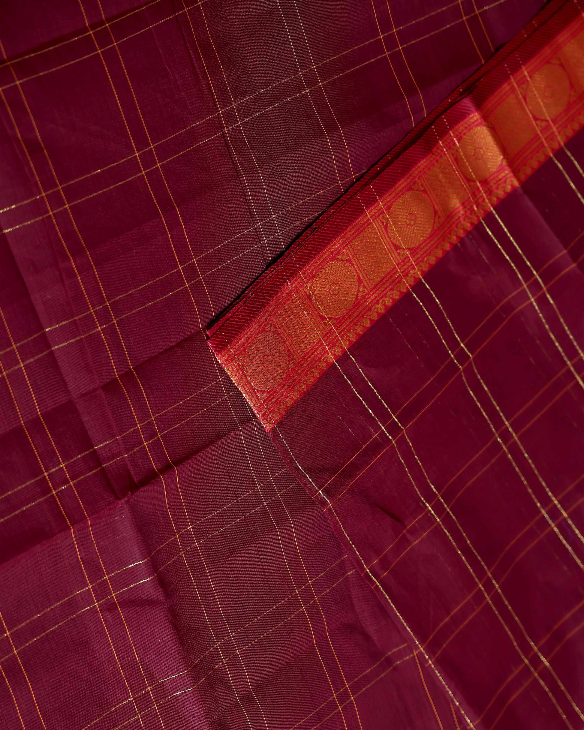 Traditional Venkatagiri Handloom Cotton Saree with Subtle Line Checks and Traditional Zari Woven Border - Maroon