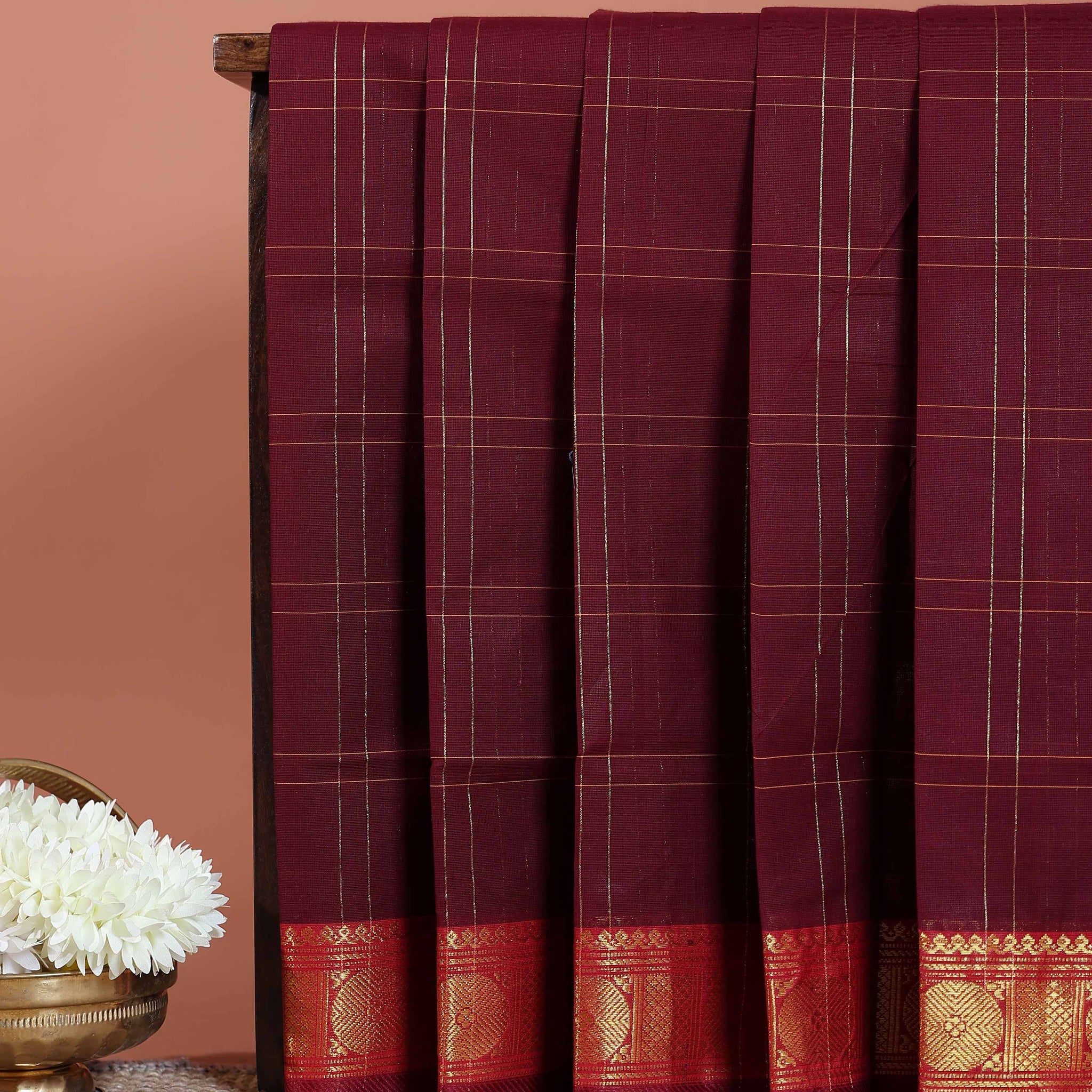Traditional Venkatagiri Handloom Cotton Saree with Subtle Line Checks and Traditional Zari Woven Border - Maroon
