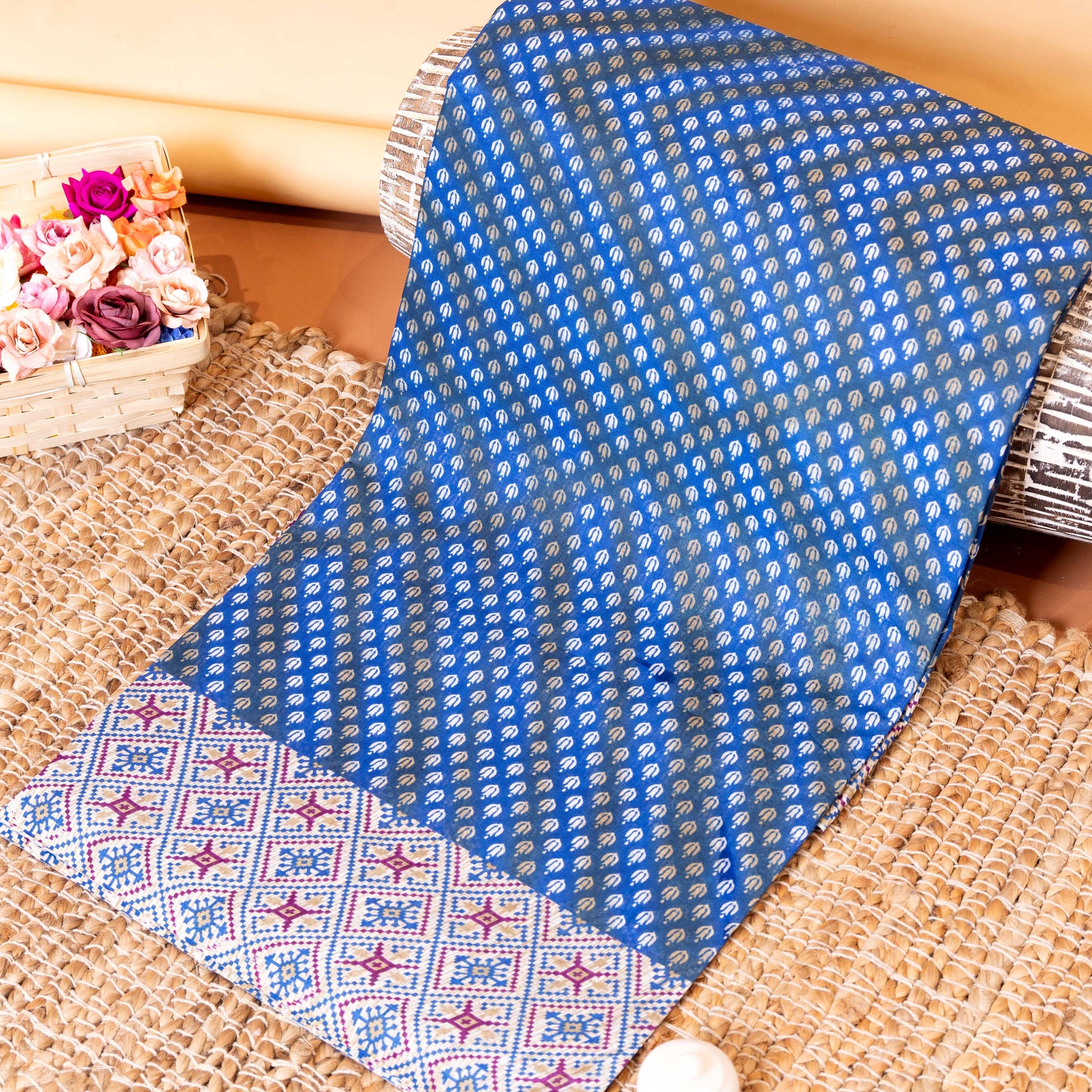 Traditional Voile Cotton Saree with All-Over Buti Motifs and Intricate Geometric Pallu- Blue 