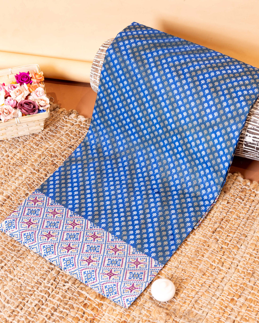 Traditional Voile Cotton Saree with All-Over Buti Motifs and Intricate Geometric Pallu- Blue 