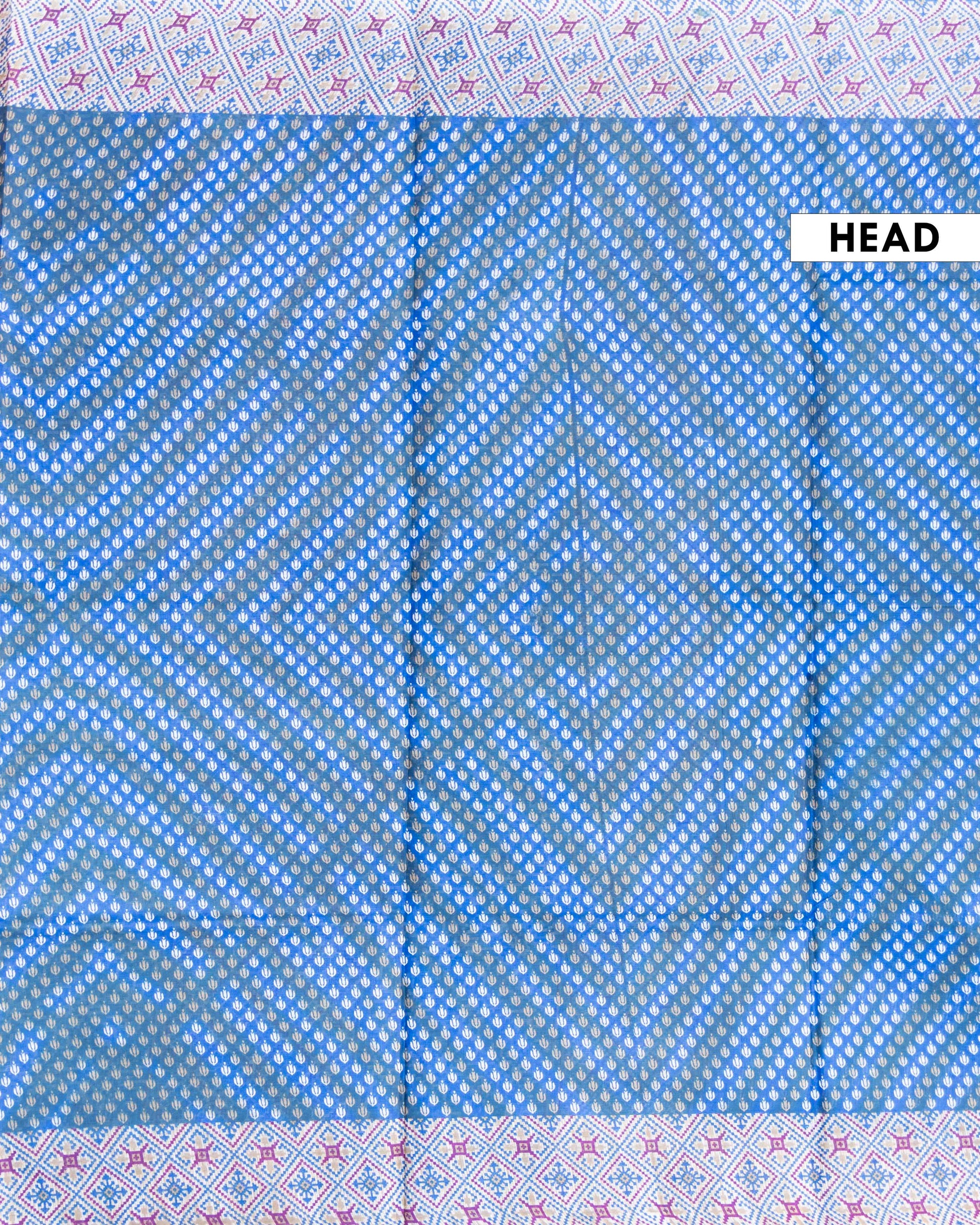 Traditional Voile Cotton Saree with All-Over Buti Motifs and Intricate Geometric Pallu- Blue 