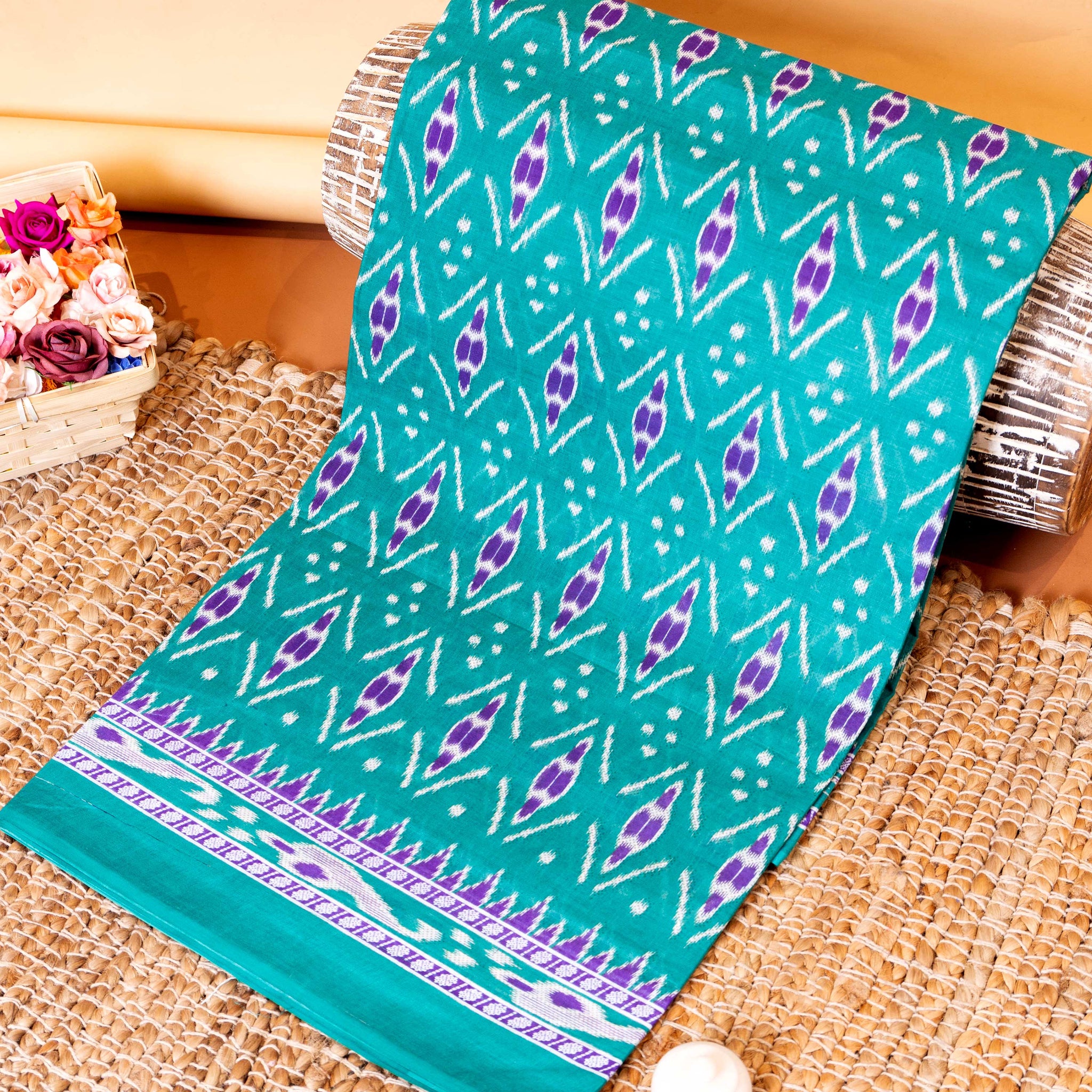 Traditional Voile Cotton Saree with All Over Ikkat Motifs and Zari Woven Border - Blue