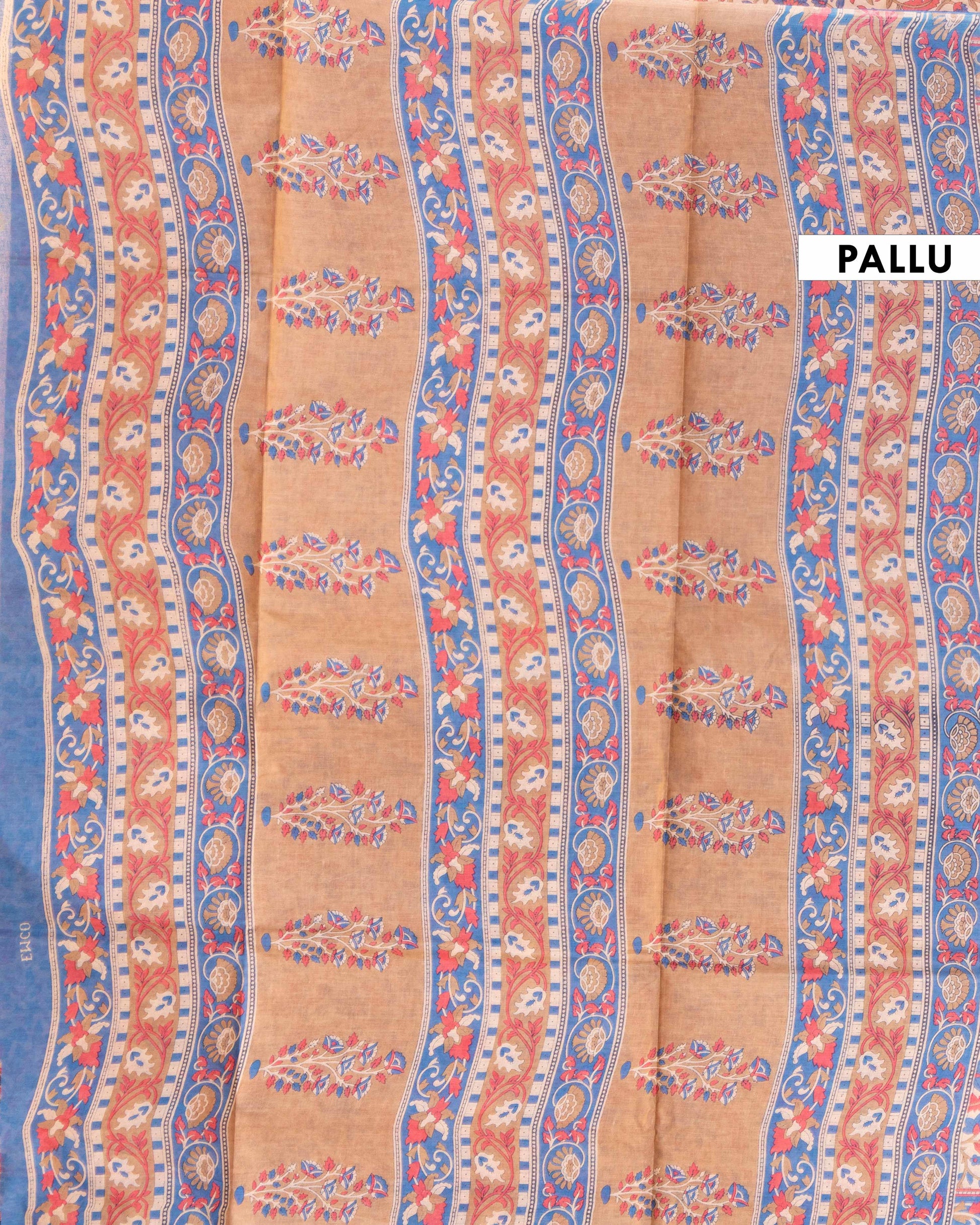 Traditional Voile Cotton Saree with Floral Block Print and Intricate Border - Sandal