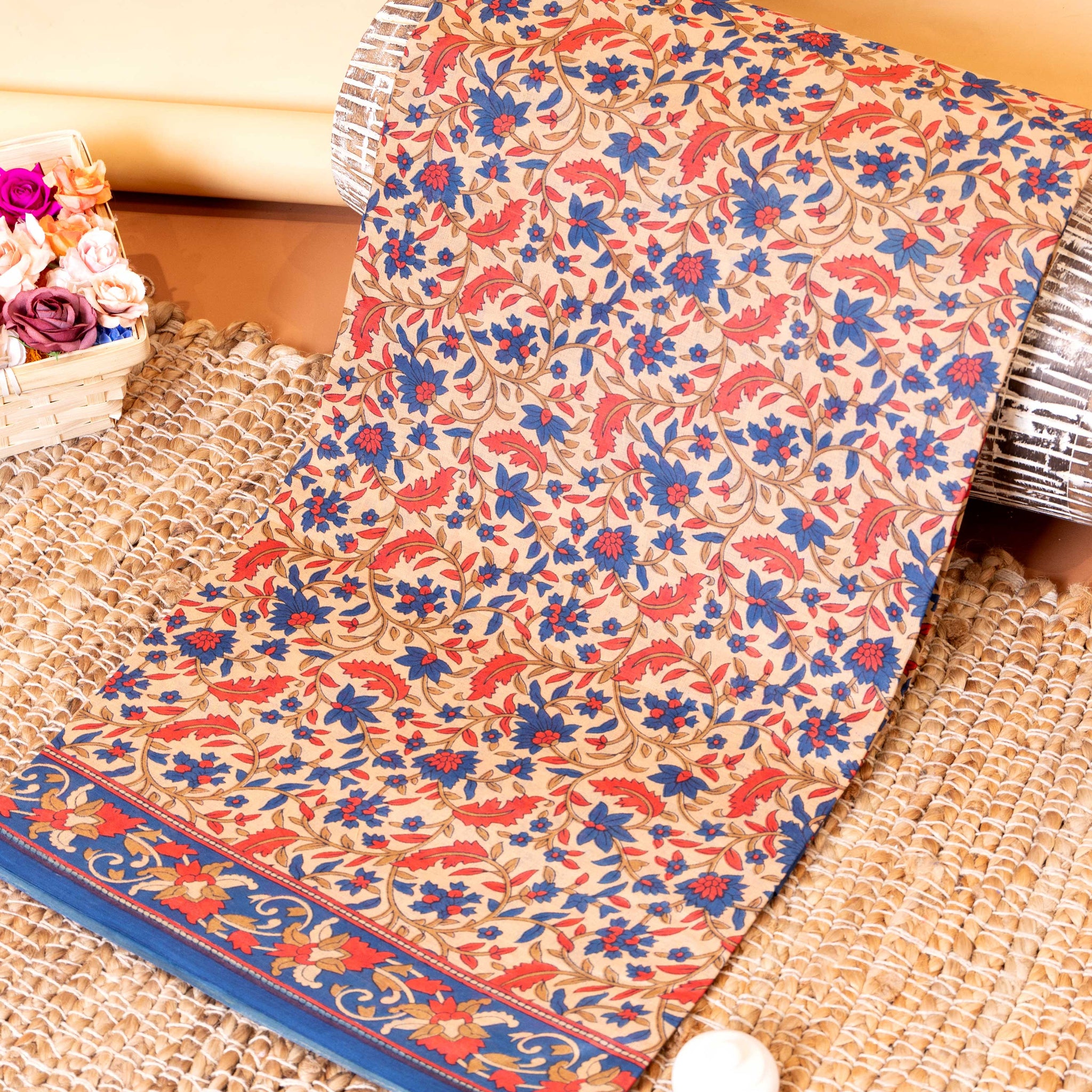 Traditional Voile Cotton Saree with Floral Block Print and Intricate Border - Sandal