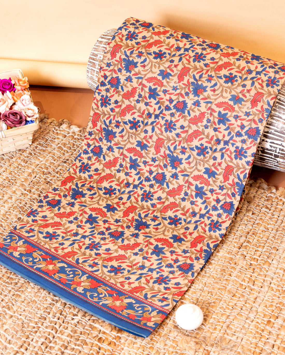 Traditional Voile Cotton Saree with Floral Block Print and Intricate Border - Sandal