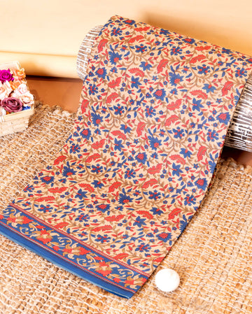 Traditional Voile Cotton Saree with Floral Block Print and Intricate Border - Sandal