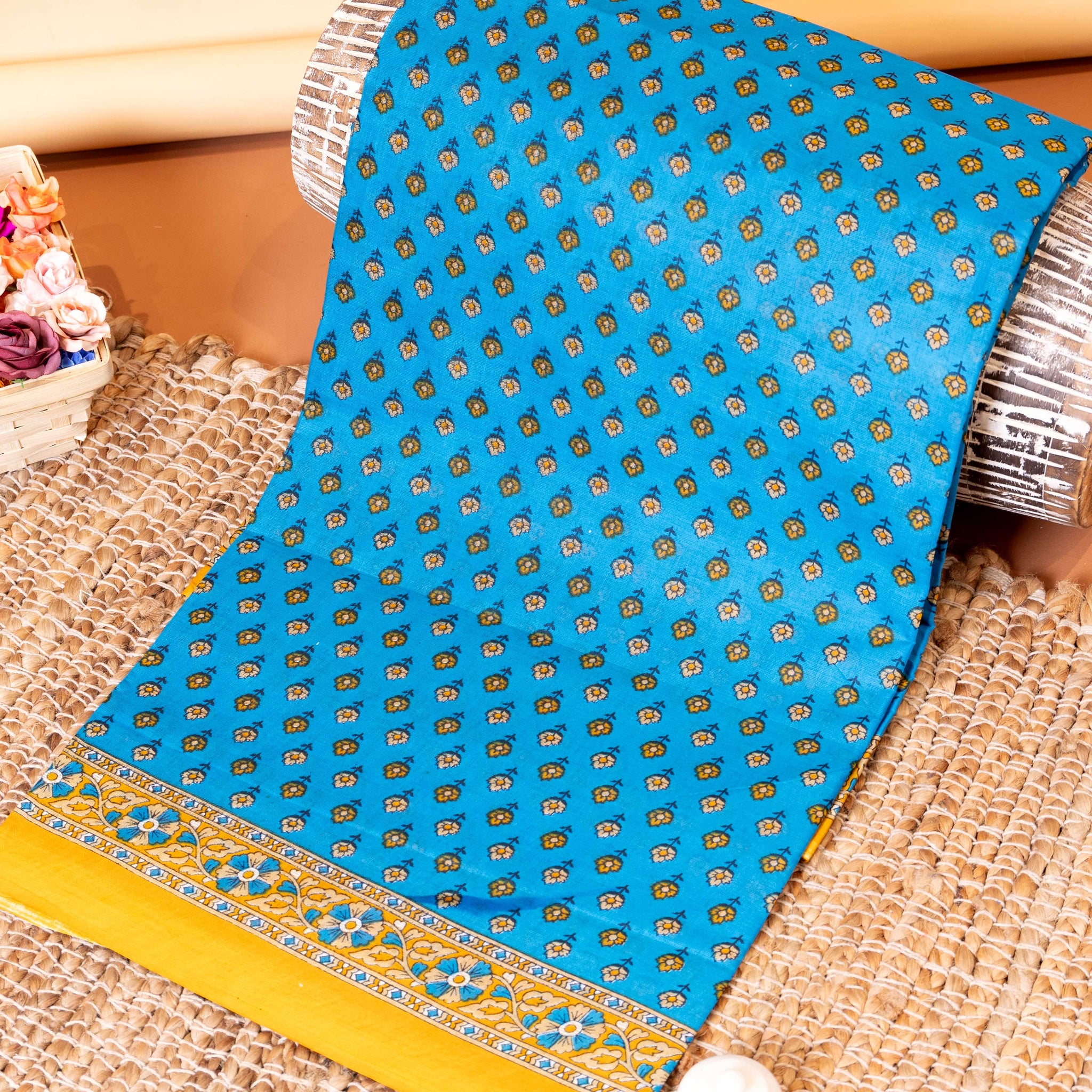 Traditional Voile Cotton Saree with Intricate Floral and Border Design - Blue
