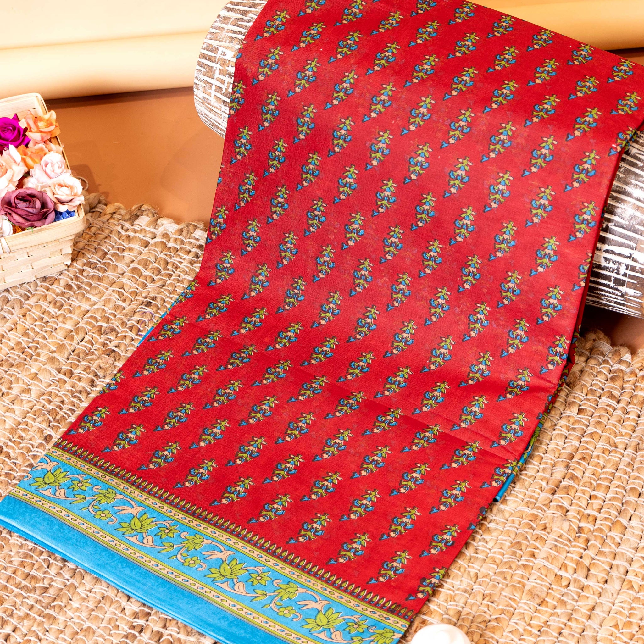 Traditional Voile Cotton Saree with Traditional Floral Print and Contrasting Border - Red