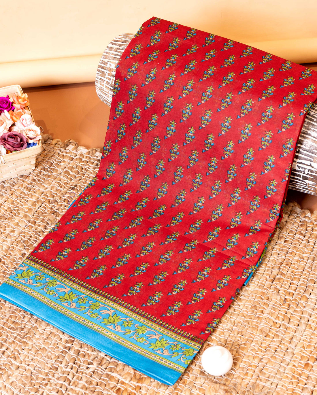 Traditional Voile Cotton Saree with Traditional Floral Print and Contrasting Border - Red