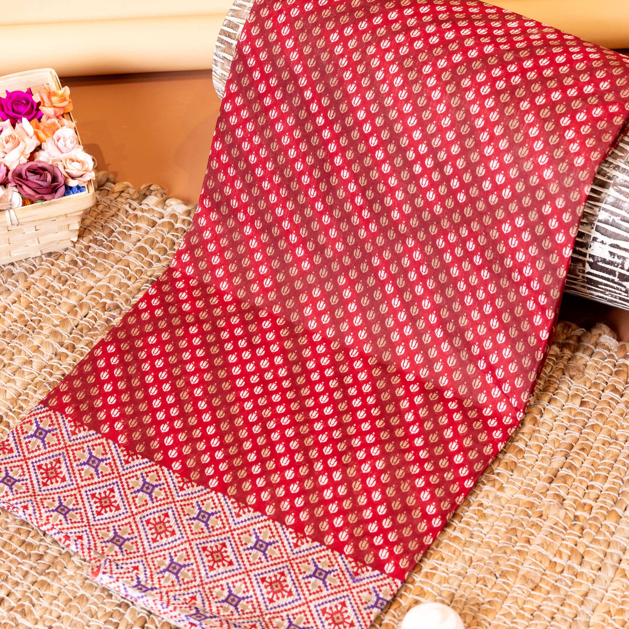 Traditional Voile Cotton Saree with Woven Buti and Detailed Border Design - Red