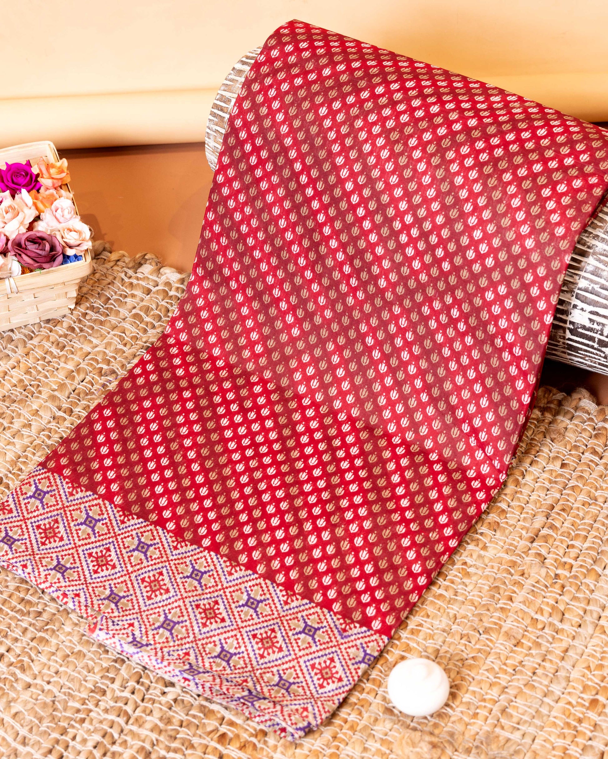 Traditional Voile Cotton Saree with Woven Buti and Detailed Border Design - Red