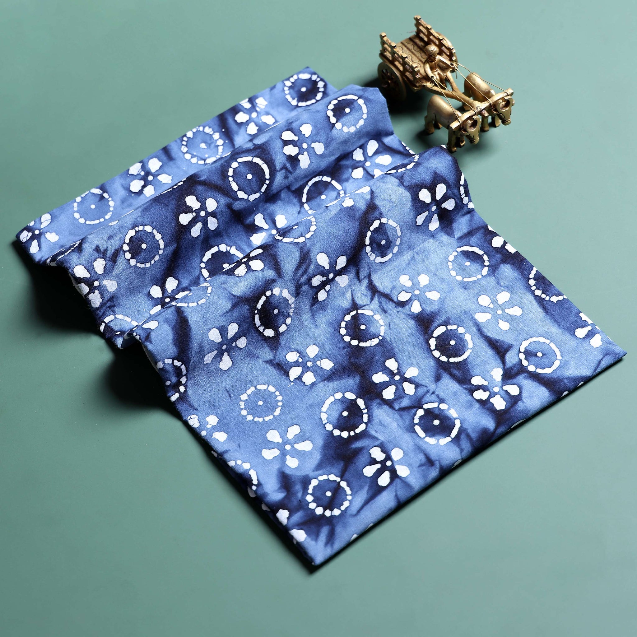 Traditional Women's Handcrafted Resist Dyed Circular and Floral Motif 1 Meter Blouse Material - Blue