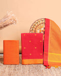 Traditional Women’s Unstitched Salwar Material Set with Woven Motif Top 2.5 Mtr, Solid Bottom 2 Mtr and 2.25 Mtr Dupatta with Contrast Border - Red