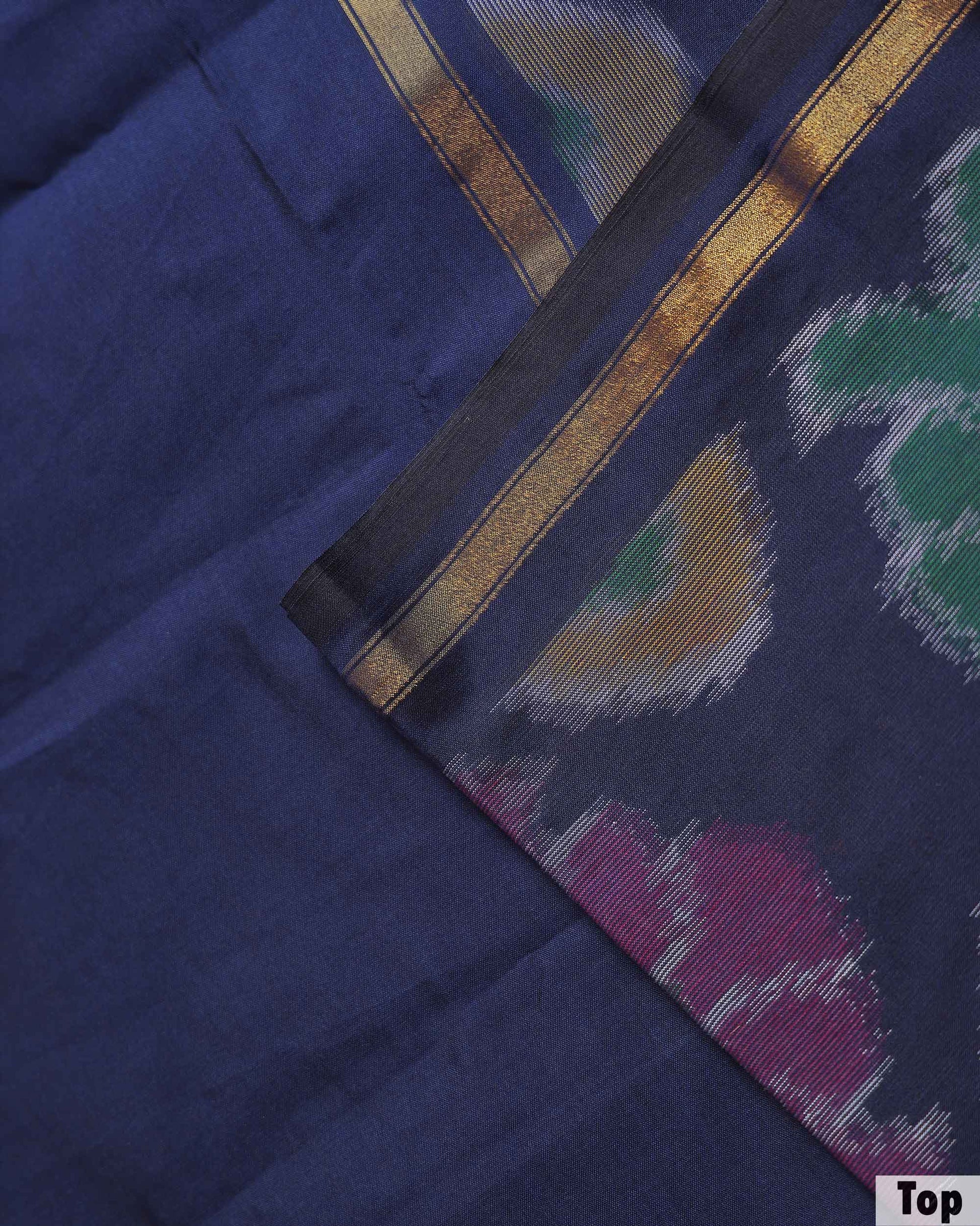 Women’s Elegant Woven Ikkat Design Salwar Suit Material Set with Traditional Patterned Design Top 2.5 Mtr, Solid Bottom 2 Mtr & Contrast Border Dupatta 2.25 Mtr, Navy Blue