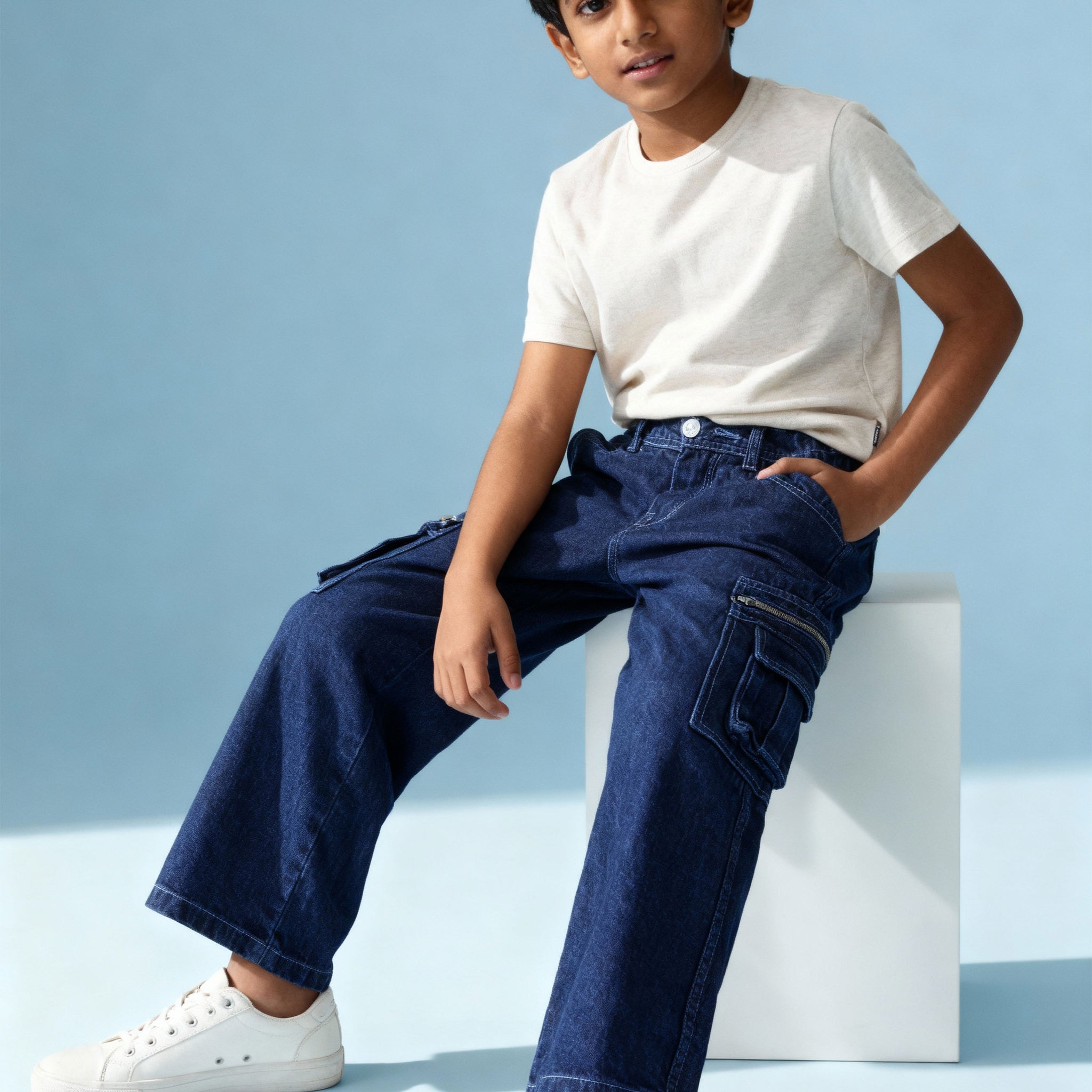 Trendy Boys Denim Cargo Jeans with Front Pockets and Zip Detailing - Blue