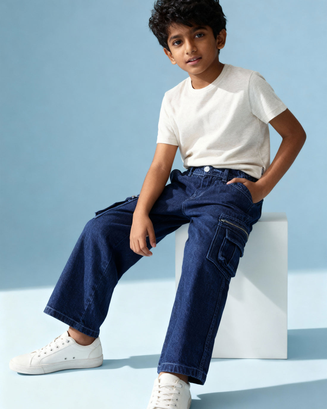 Trendy Boys Denim Cargo Jeans with Front Pockets and Zip Detailing - Blue