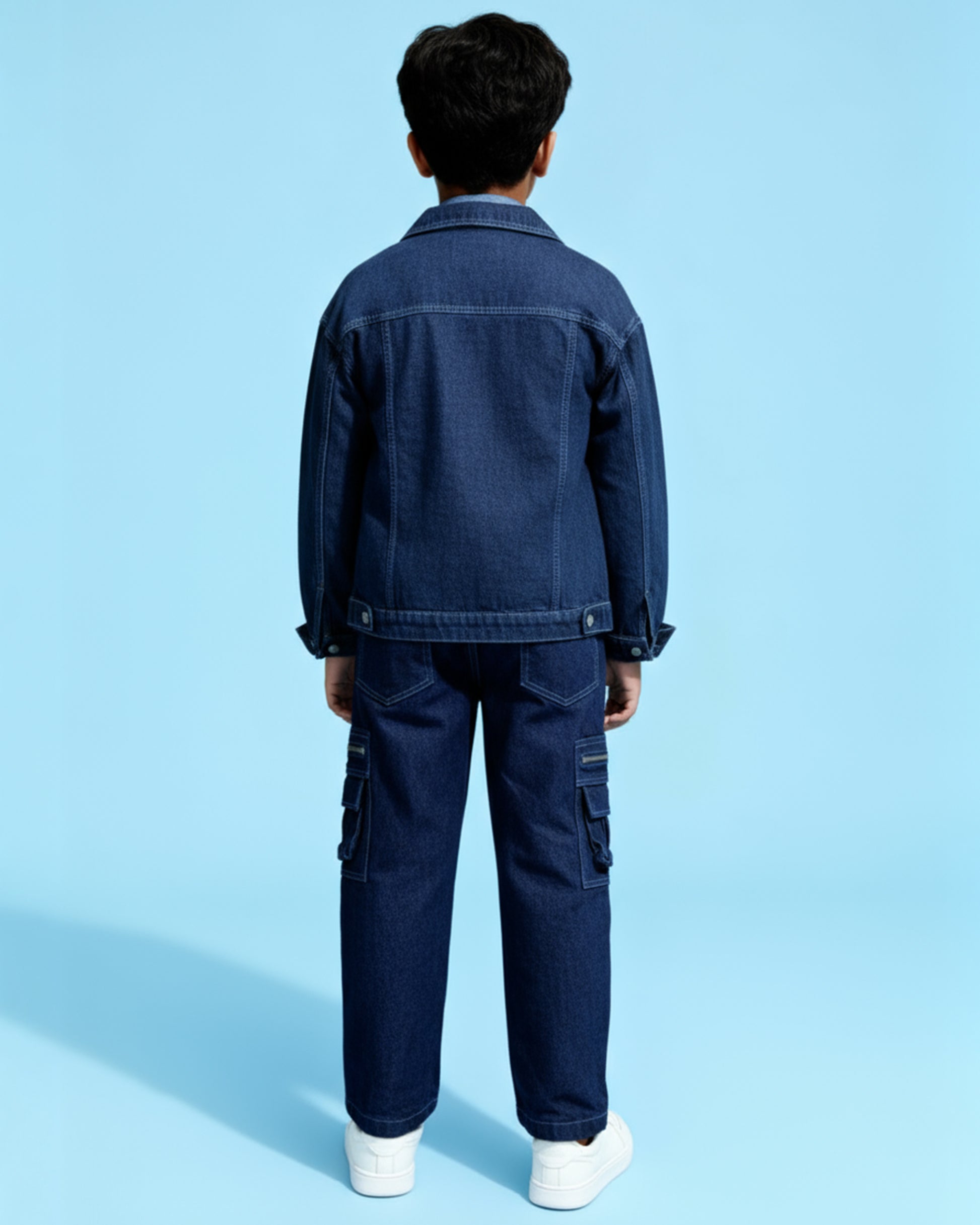 Trendy Boys Denim Cargo Jeans with Front Pockets and Zip Detailing - Navy Blue