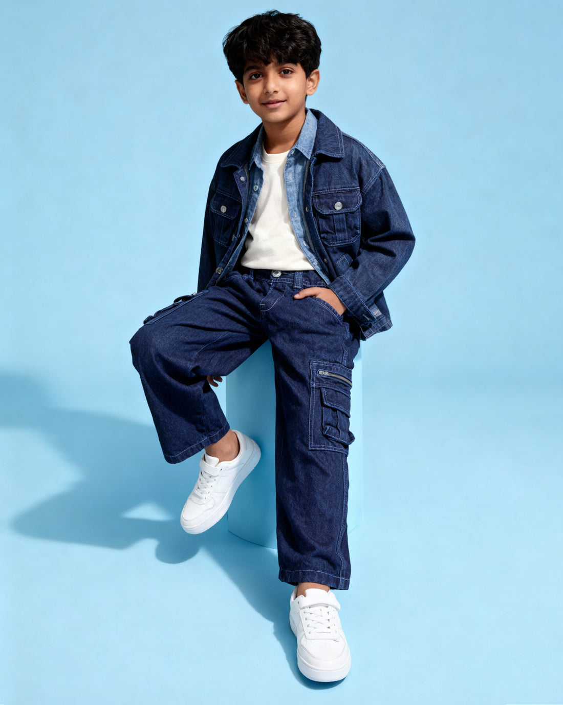 Trendy Boys Denim Cargo Jeans with Front Pockets and Zip Detailing - Navy Blue