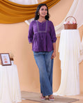 Women's Embroidered Round Neck Short Kurta Tunic with Gathered Waist - Purple