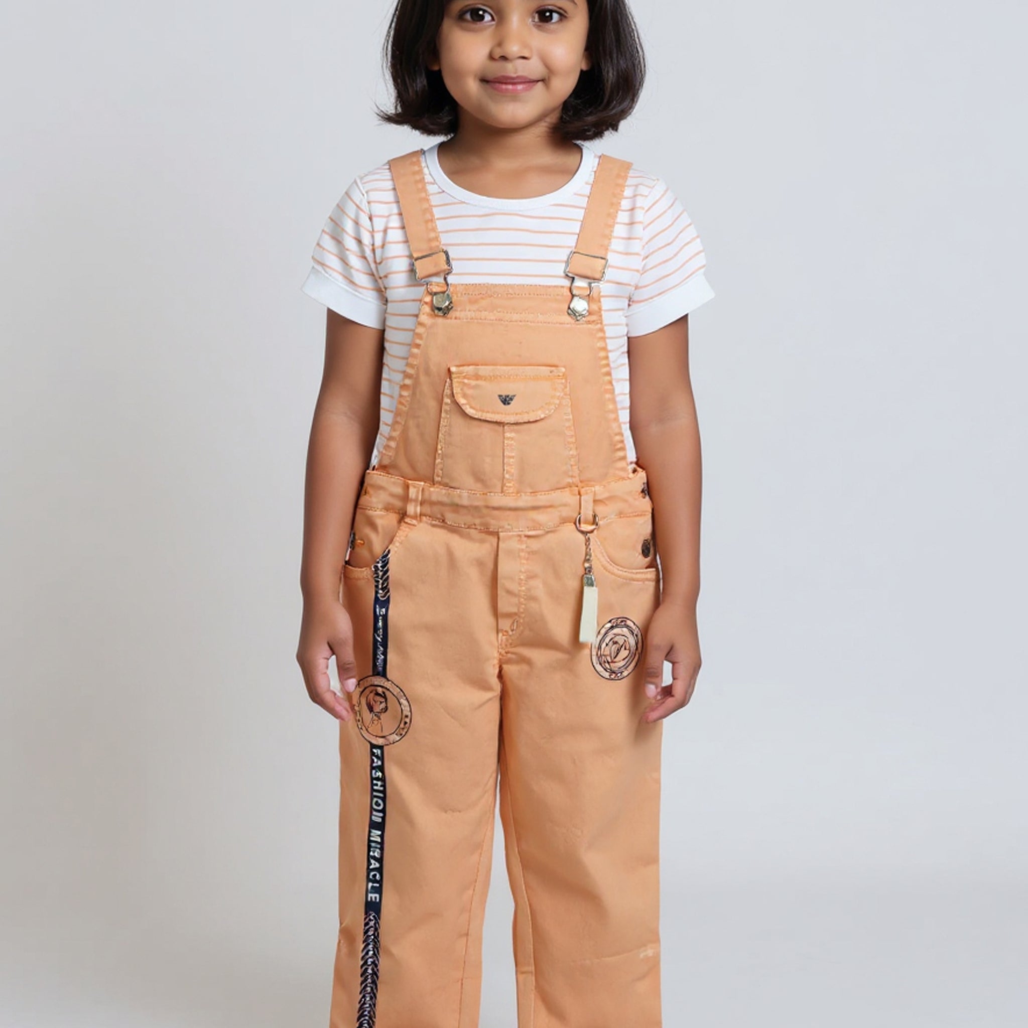 Girl's Adjustable Strap Western Wear Overalls with Pockets - Peach