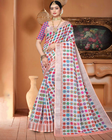 Multi Colour Printed Linen Cotton Sarees