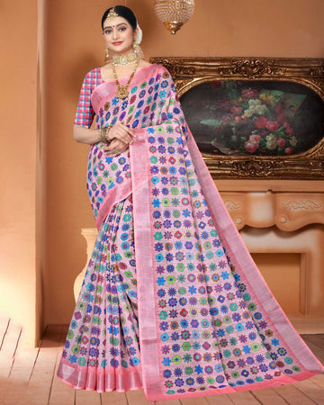 Multi Colour Printed Linen Cotton Sarees