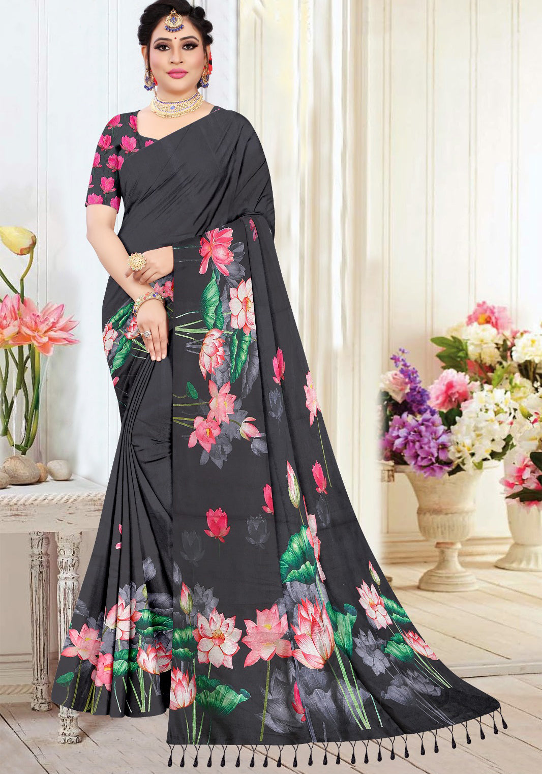 Linen Cotton Saree with Elegant Floral Print - Black