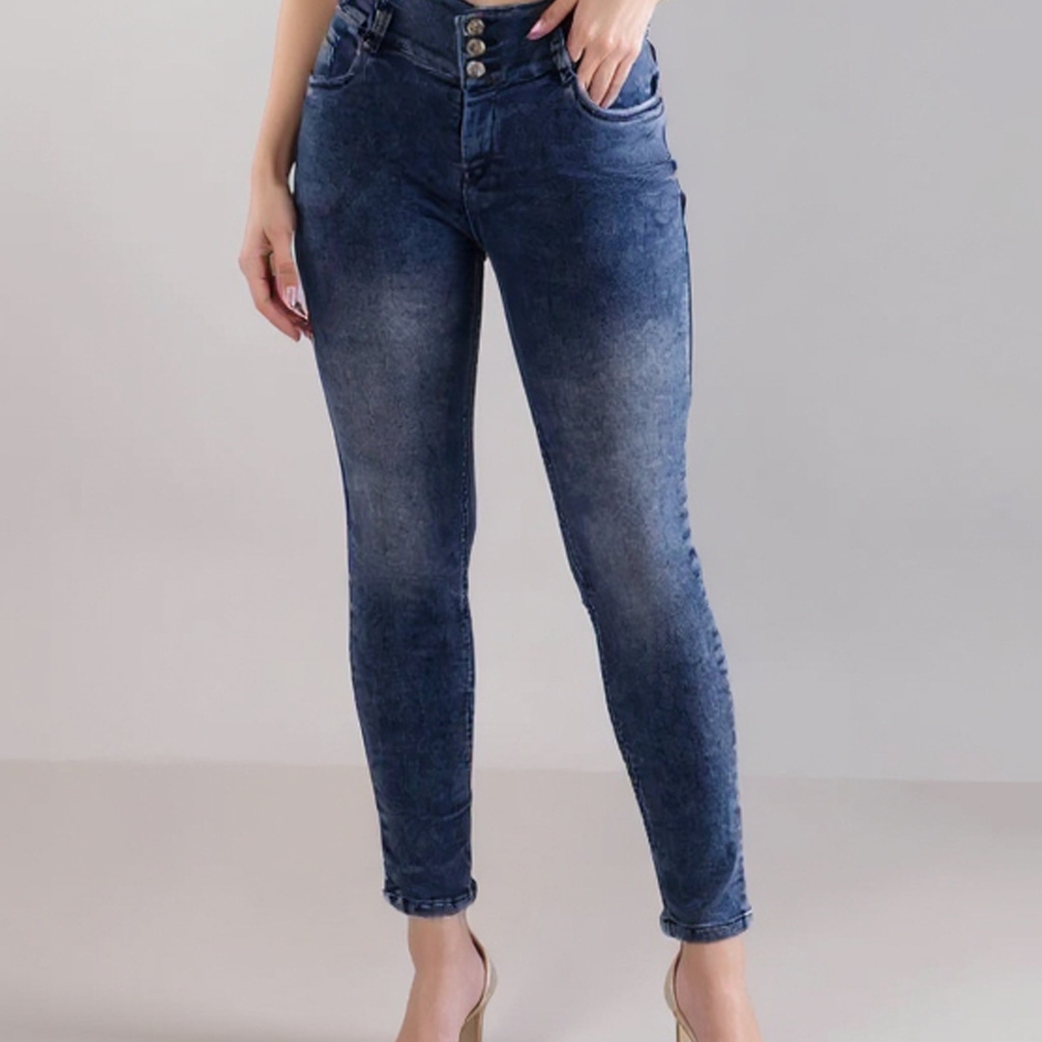 Women's High-Waisted Multi-Button Skinny Jeans - Navy Blue