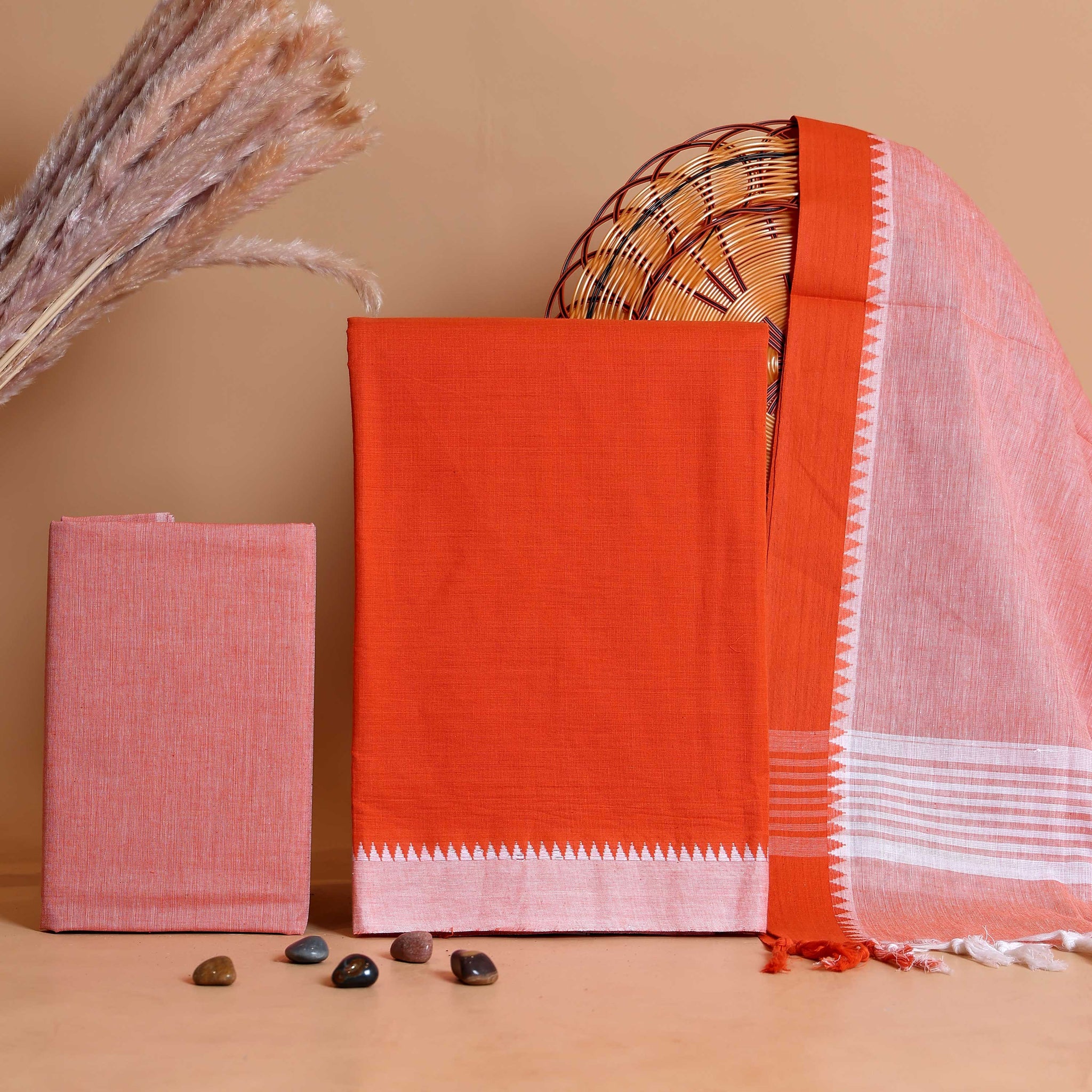 Women'sHandloom Cotton Unstitched Salwar Suit Material with Woven Zari Border & Matching Dupatta - Orange