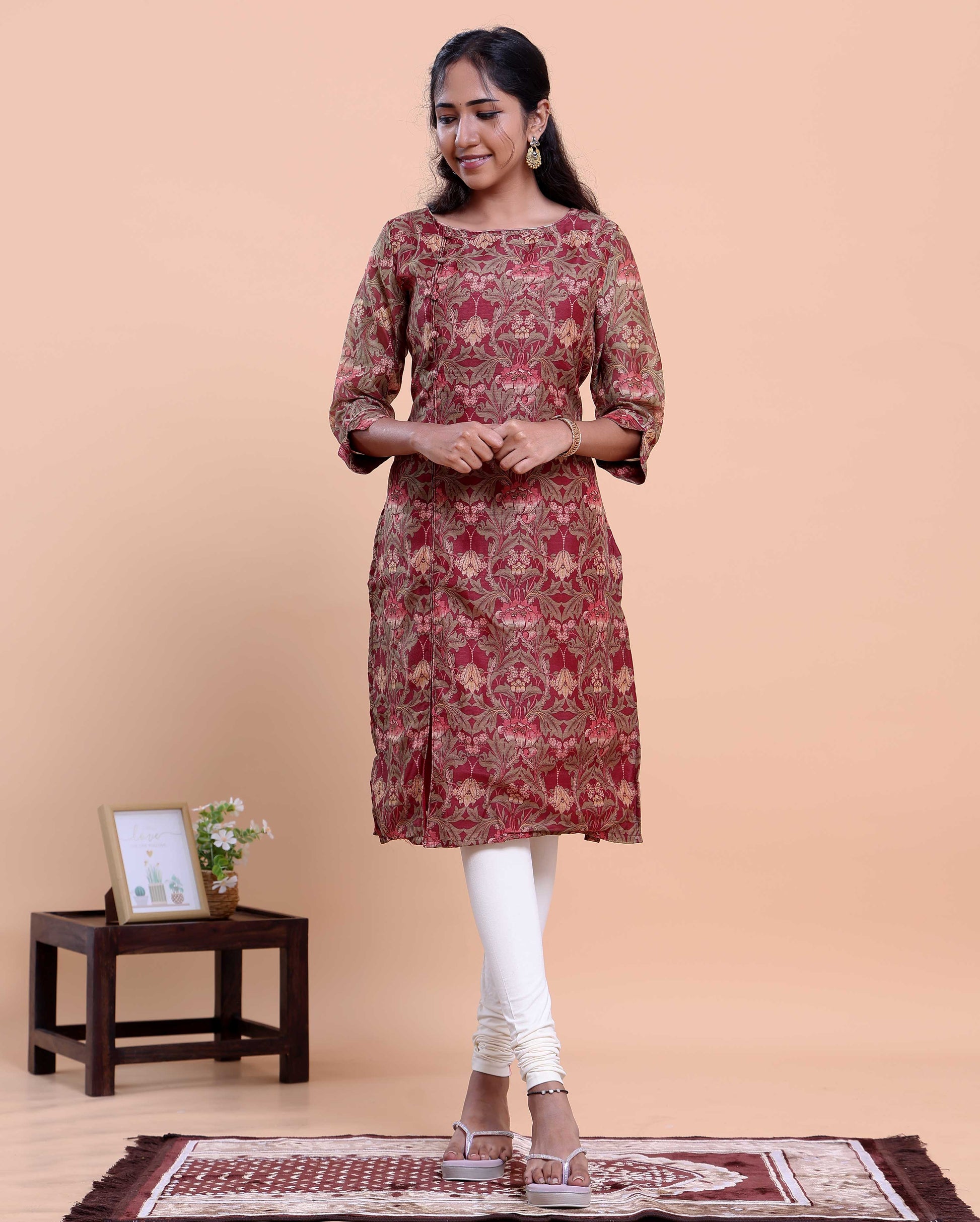 Women's A-Line Kurta with All-Over Ethnic Floral Print - Maroon