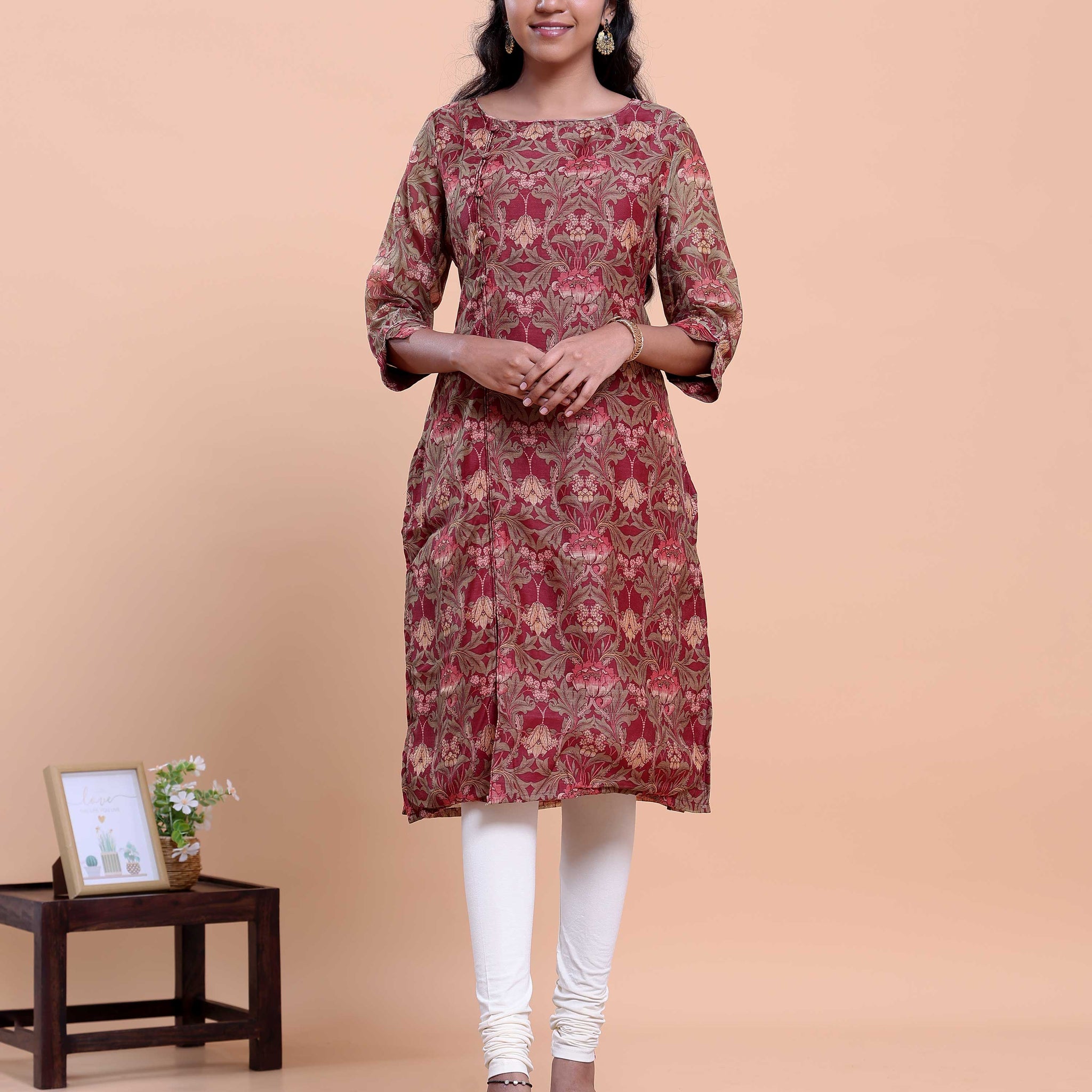 Women's A-Line Kurta with All-Over Ethnic Floral Print - Maroon