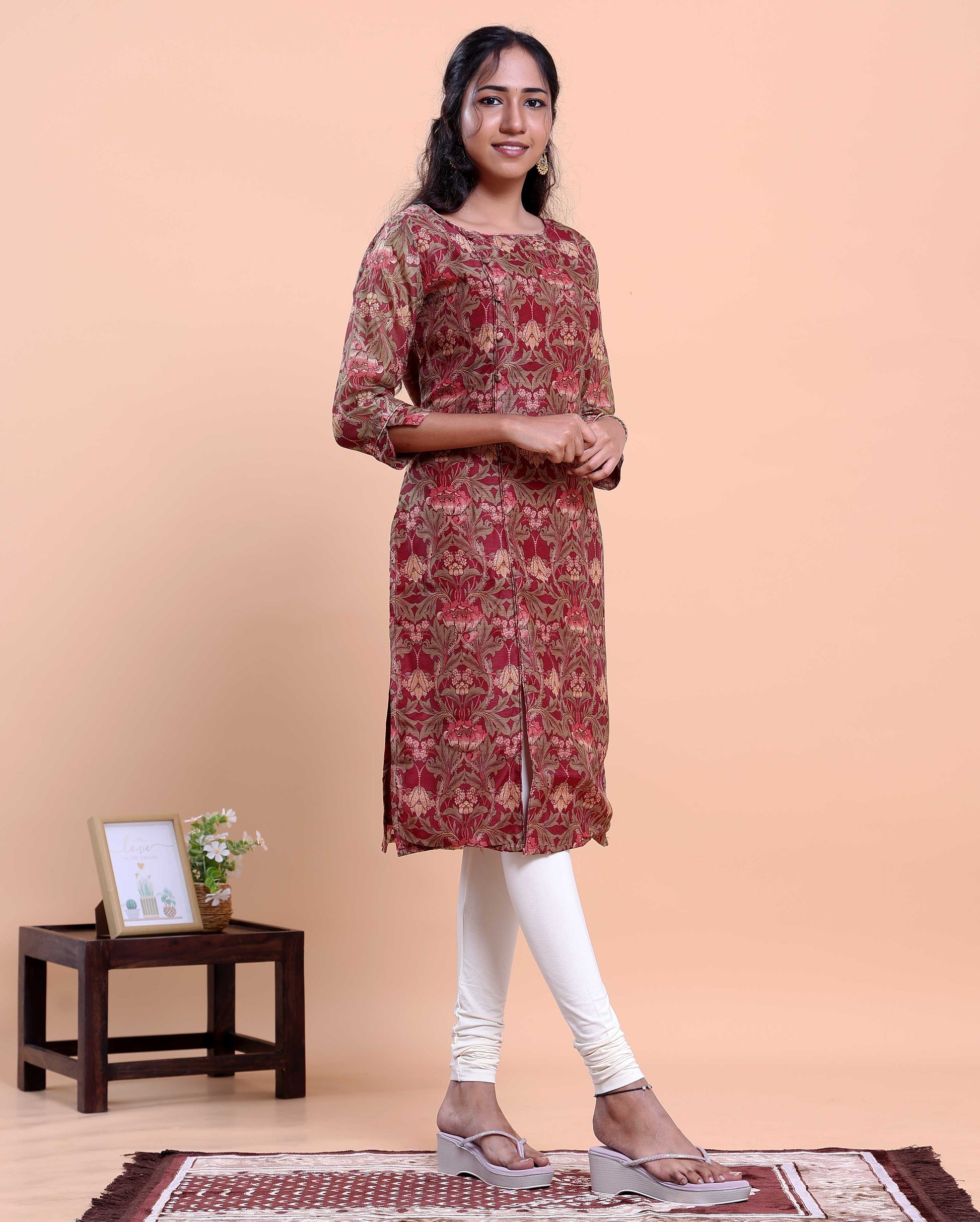 Women's A-Line Kurta with All-Over Ethnic Floral Print - Maroon