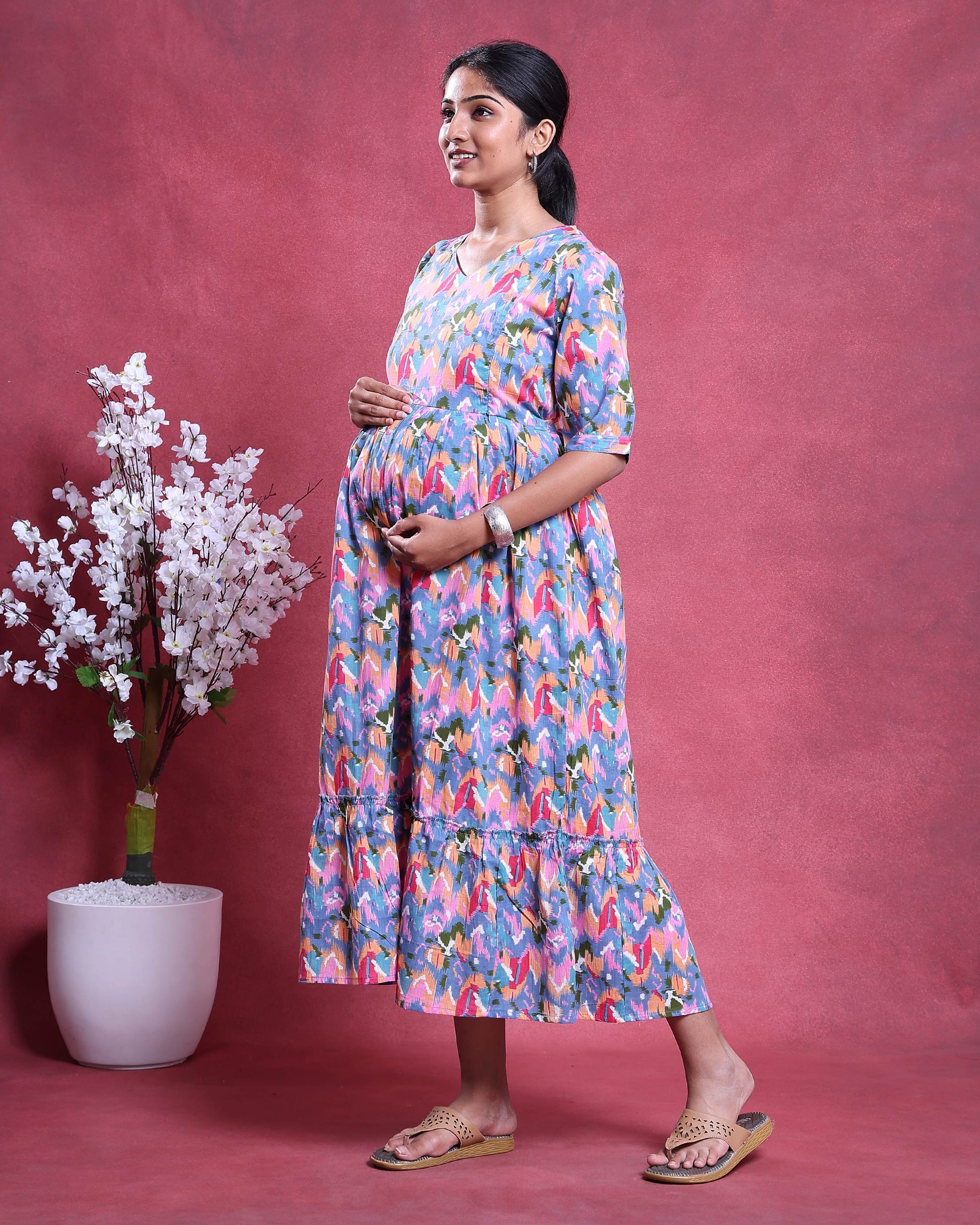 Women’s Abstract Printed Maternity Dress with V-Neck Half Sleeves Empire Waist Tiered Flared Hem A-Line Silhouette - Multi