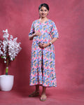 Women’s Abstract Printed Maternity Dress with V-Neck Half Sleeves Empire Waist Tiered Flared Hem A-Line Silhouette - Multi