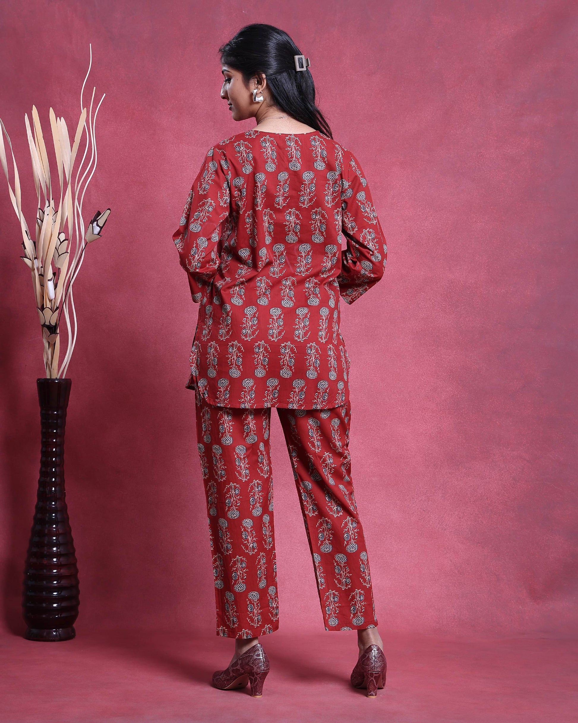 Women’s All-Over Floral Printed Nightwear Set with Top and Straight Pants - Red