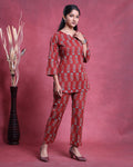 Women’s All-Over Floral Printed Nightwear Set with Top and Straight Pants - Red