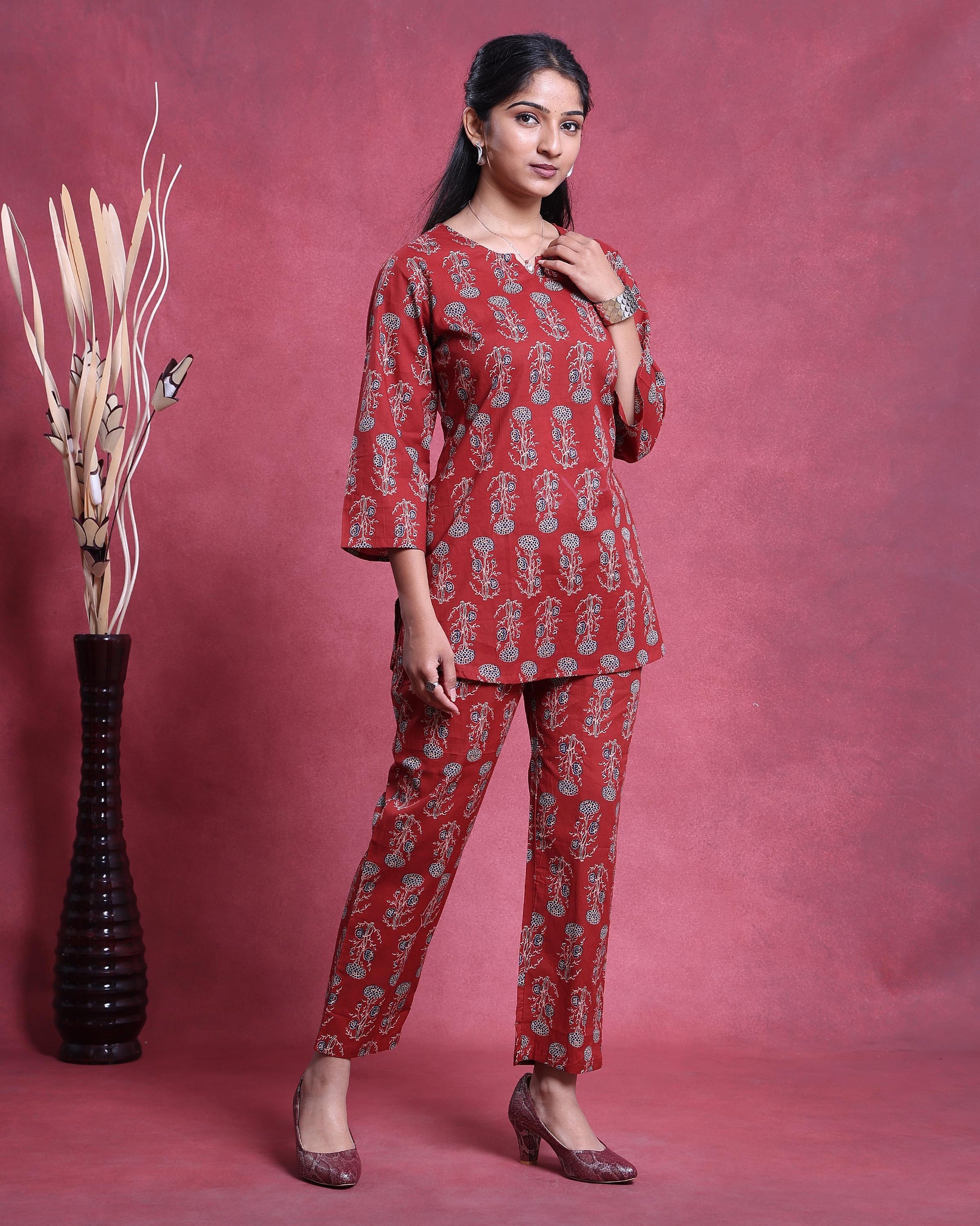 Women’s All-Over Floral Printed Nightwear Set with Top and Straight Pants - Red