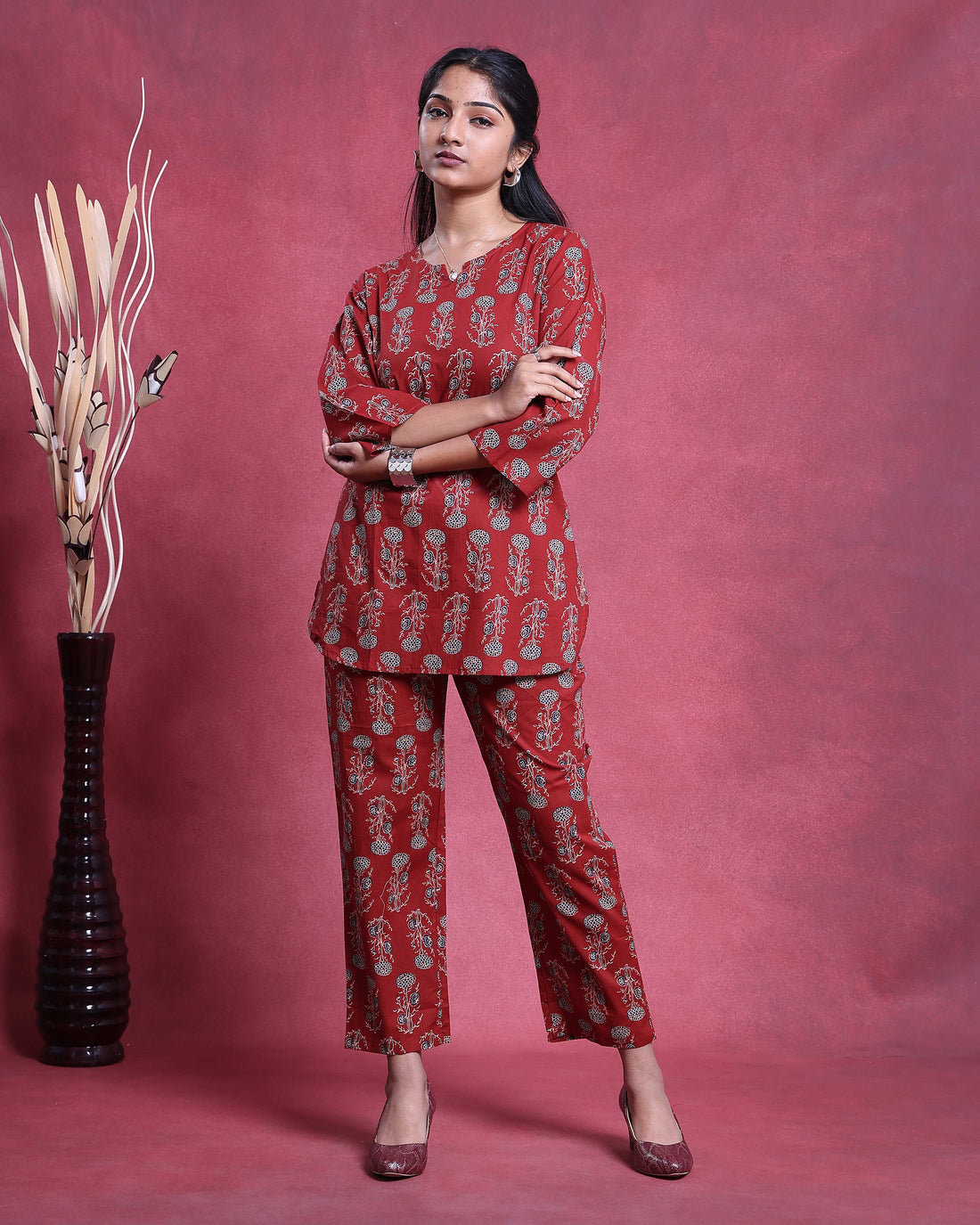 Women’s All-Over Floral Printed Nightwear Set with Top and Straight Pants - Red