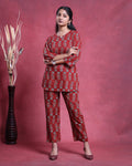 Women’s All-Over Floral Printed Nightwear Set with Top and Straight Pants - Red