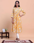 Women's Calf-Length Kurta with All-Over Floral Print and Round Neckline - Orange