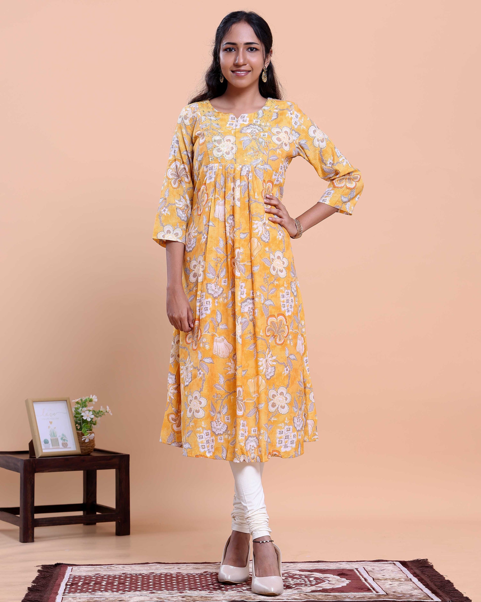 Women's Calf-Length Kurta with All-Over Floral Print and Round Neckline - Orange