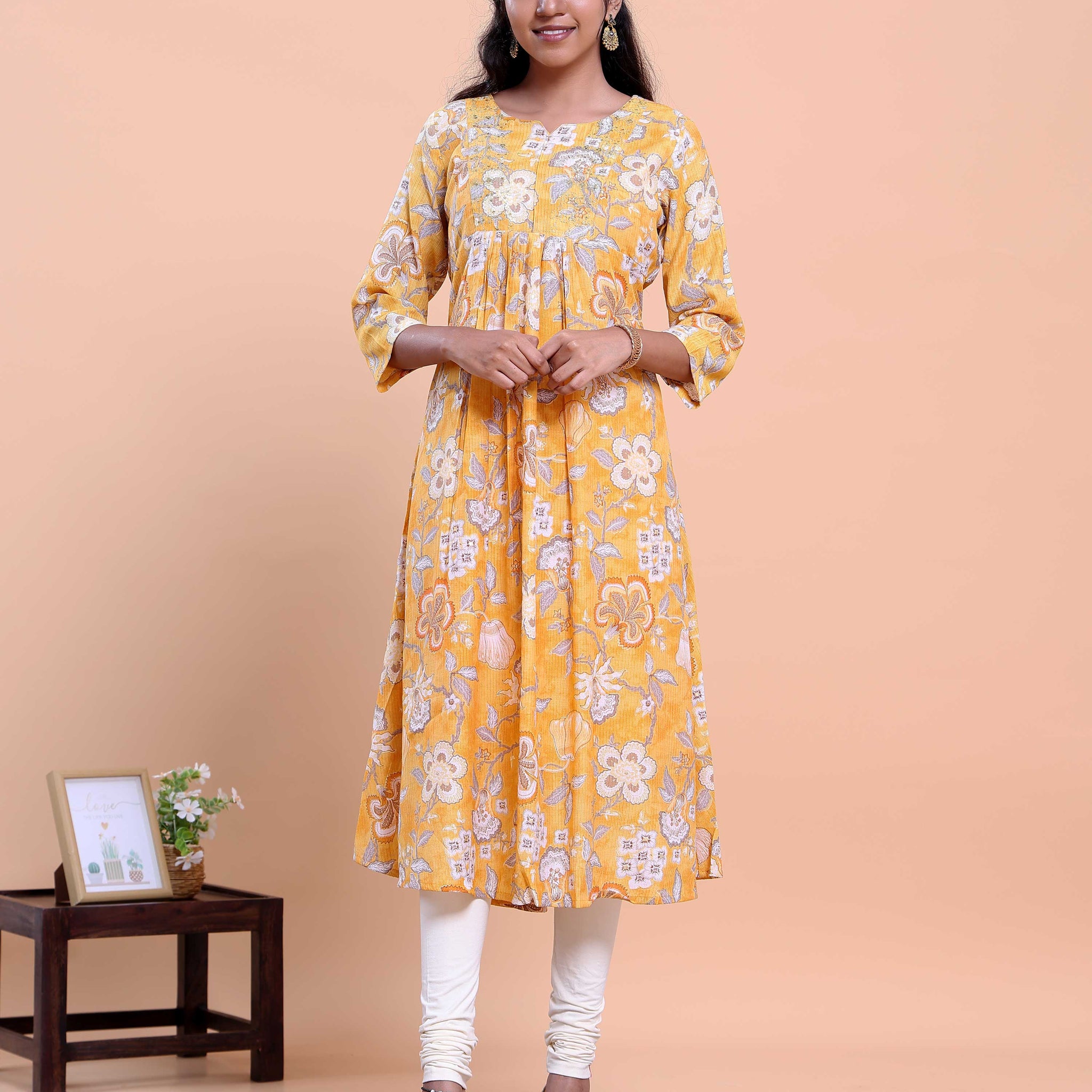 Women's Calf-Length Kurta with All-Over Floral Print and Round Neckline - Orange