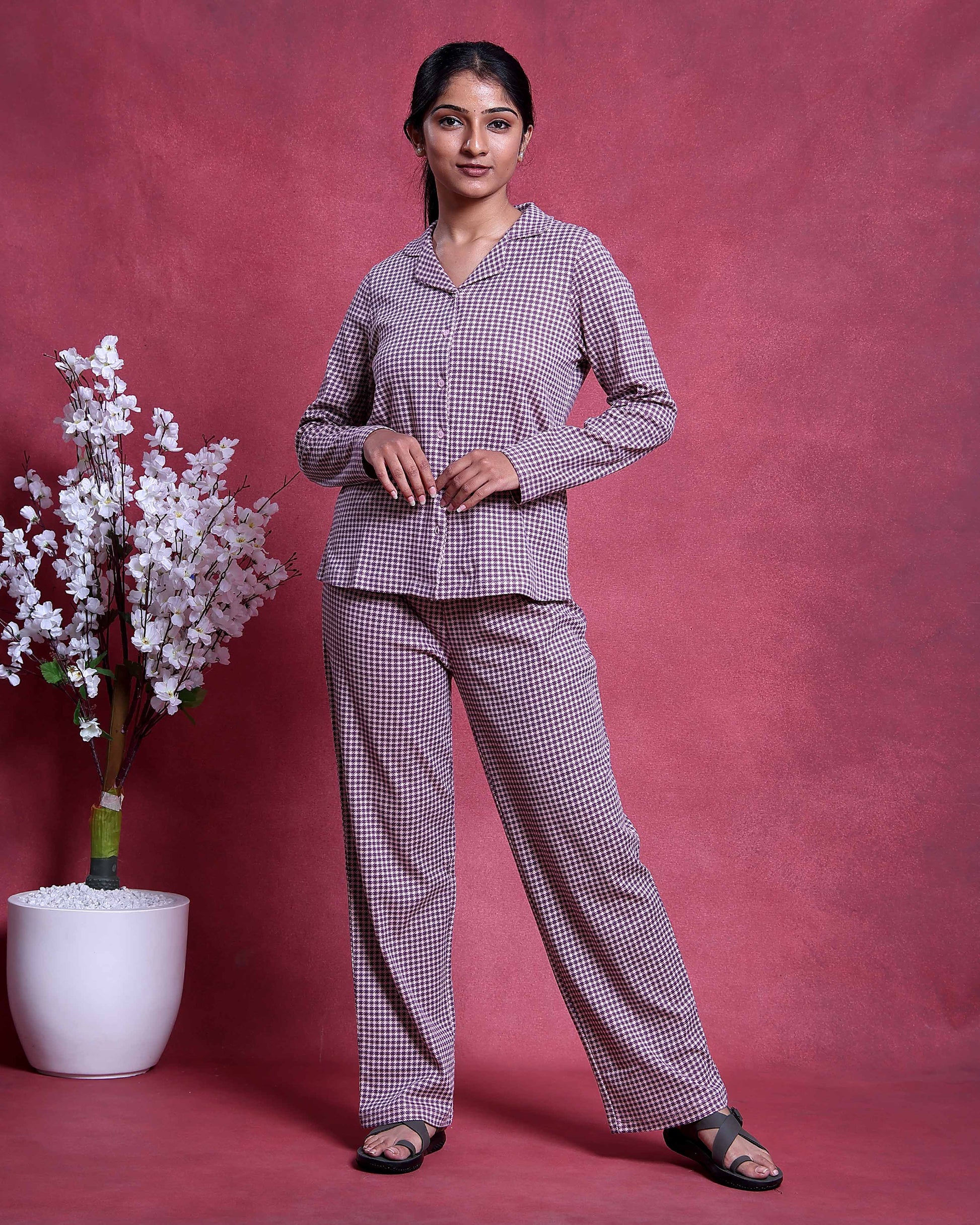 Women’s Cotton Striped Nightwear Set Short Sleeve Round Neck Top with Full Length Pajama Pants, Purple