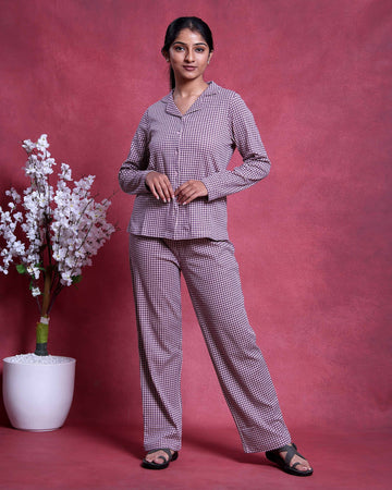 Women’s Cotton Striped Nightwear Set Short Sleeve Round Neck Top with Full Length Pajama Pants, Purple
