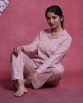 Women’s Cotton Striped Nightwear Set Short Sleeve Round Neck Top with Full Length Pajama Pants, Peach