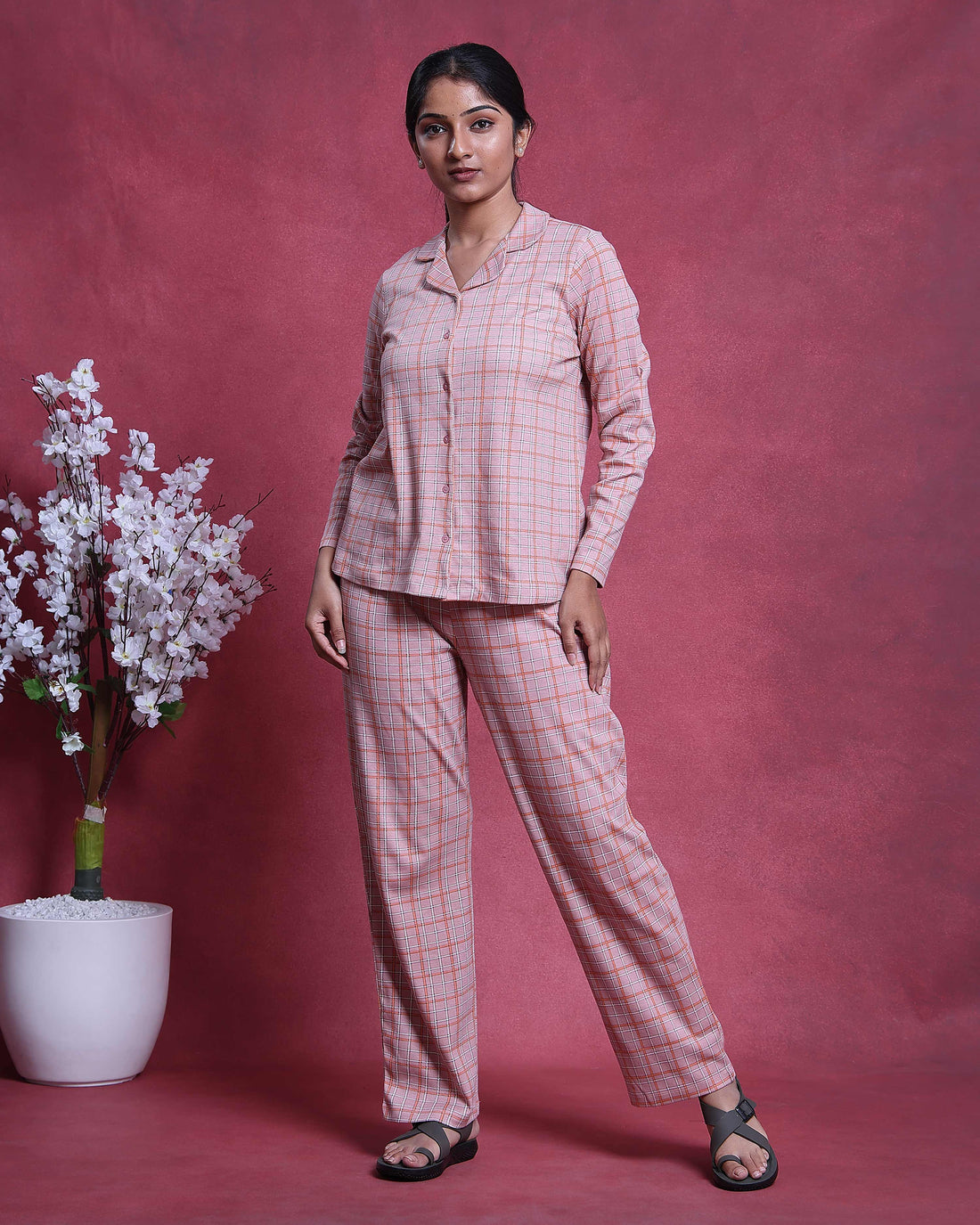 Women’s Cotton Checkered Nightwear Set Long Sleeve Button Down Top with Collar - Light Pink