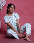 Women’s Printed Nightwear Set Short Sleeve Round Neck Top with Full Length Pajama Pants, Aqua Blue