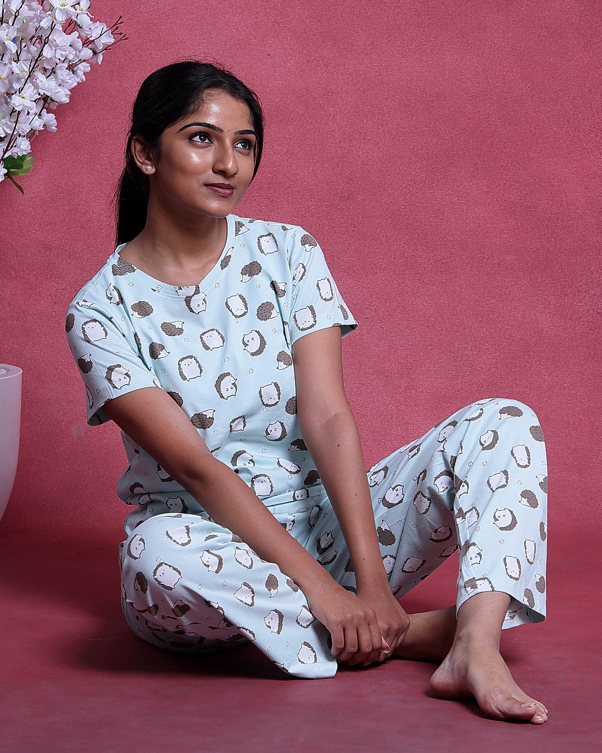 Women’s Printed Nightwear Set Short Sleeve Round Neck Top with Full Length Pajama Pants, Aqua Blue