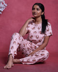 Women’s Printed Nightwear Set Short Sleeve Round Neck Top with Full Length Pajama Pants, Peach